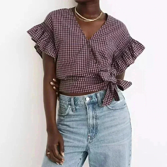 NEW Madewell Flutter Sleeve Side Tie Wrap Top Plaid Preppy Flutter Sleeve Summer - Picture 1 of 8